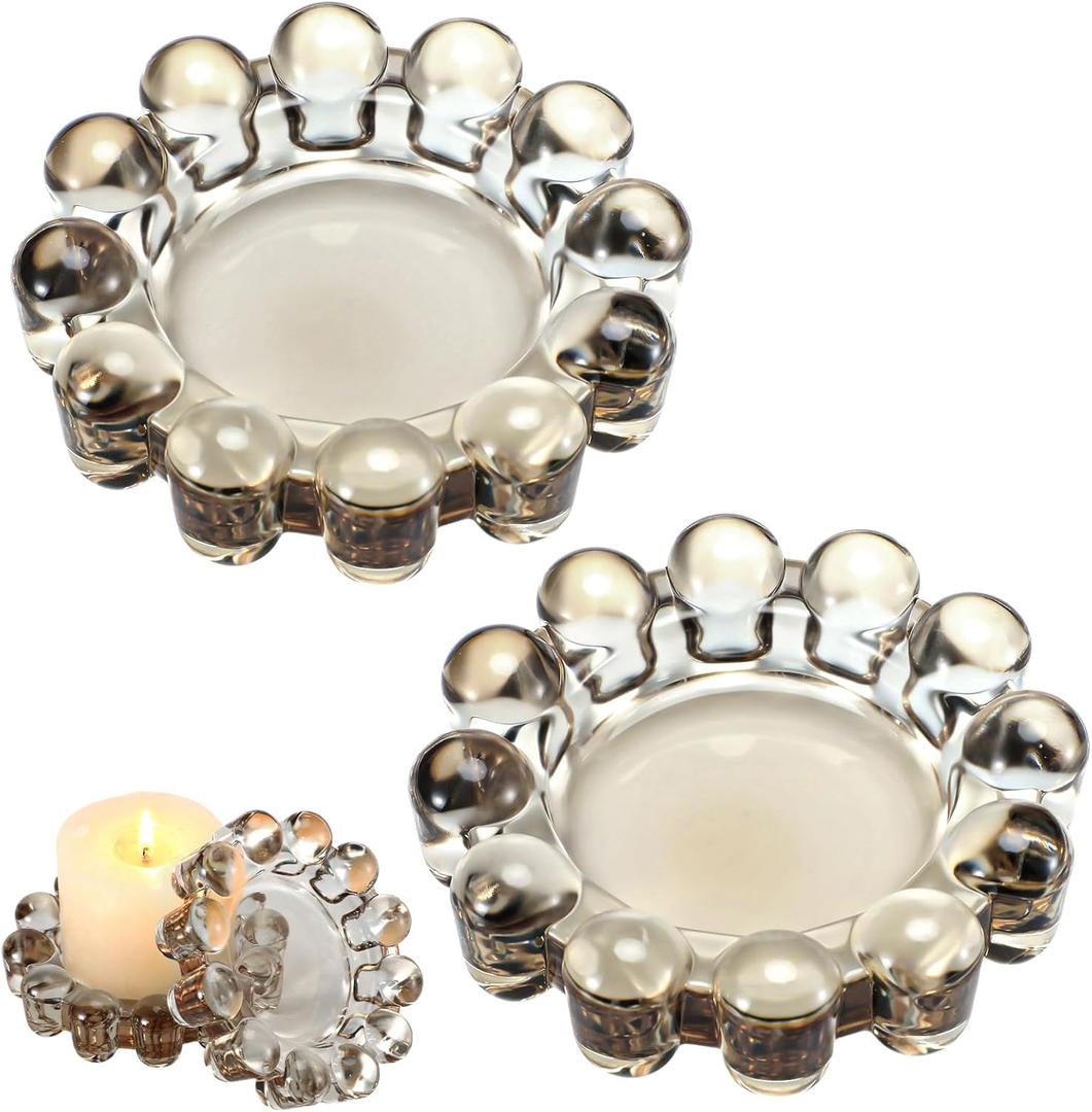 2 Pack Bubble Candle Dish, Fits up to 3 Inch Wide Chic Glass Candles Holder Tray Candle Plates Modern Diffusers Dish for Home Decor(Gray)