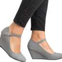 Coutgo Womens Wedge Pumps Dressy Mary Jane Shoes Comfort Wedges Closed Toe Ankle Strap Heeled Shoes (10, Grey)
