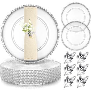 Bokon 12 Set Clear Charger Plates Bulk 13 Inch Beaded Plastic Charger Plates with Napkin Rings Acrylic Round Dinner Table Decorative for Party Wedding Thanksgiving(clear and Silver, 12)