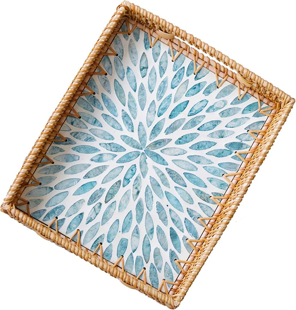 i-lan 14 Inch Rectangular Rattan Woven Tray Basket with Light Blue MOP Wooden Base and Handles, Boho Wicker Coffee Table Serving Tray Dcor with 2 Inch Wall, Handmade Display Basket for Dining Room (13.8" x 10.8" x 1.6")