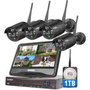 Hiseeu [16CH Expandable, 5MP] 2.4G/5G Wireless Pro Security Camera System, 10.1" LCD 8MP Monitor, 4Pcs 5MP Outdoor Indoor Cameras, One-Way Audio, Plug & Play, Waterproof, Motion Detection, 1TB HDD