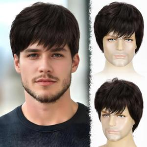 YYHR Mens Brown Wig Short Layered Natural Hair Costume Synthetic Full Wigs dark Brown Hair Replacement Wig, dark Brown