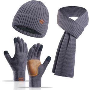 timecity Winter Beanie Hat Scarf Gloves Set for Women 3 in 1 Set Fleece Knitted Hat Warmer Scarf Touchscreen Gloves (Gray)