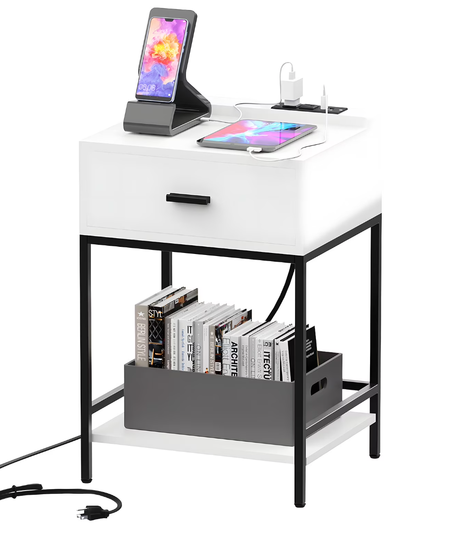 Facofaco White Nightstand with Charging Station and USB Ports, 3-Tier End Table with Wood Drawer Storage Shelf, Tall Small Bed Side Table for Small Spaces Living Room, Bedroom