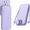Portable Charger with Built in Cable and AC Wall Plug, USB C Power Bank 12000mAh 22.5W Super Fast Charging, Lightweight Portable Phone Charger Travel Battery Pack for iPhone, ect (Purple)