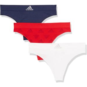 adidas womens Seamless Thong Underwear 3-pack (Medium, Vivid Red Logo/White/Night Indigo)