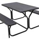Giantex Picnic Bench Set Outdoor Camping All Weather Metal Base Wood-Like Texture Backyard Poolside Dining Party Garden Lawn Deck Large Picnic Tables for Adult (Black)