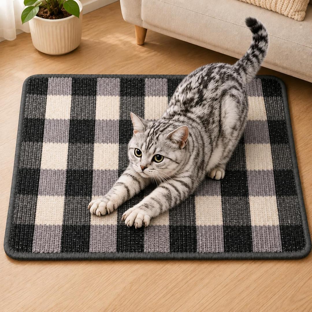 Cat Scratcher Mat, Natural Sisal Cat Scratch Pad for Cats | Rug-Style Sisal Cat Scratch Mat, Floor or Wall Use, Anti-Slip Backing, Hook-and-Loop Strips, 23.6 x 15.7 Inch, Black White