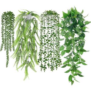 Der Rose 4Pcs Fake Plants Hanging Artificial Ivy Vine Faux Eucalyptus Hanging Plants, Boston Fern, String of Pearls for Living Room Bedroom Boho Wall Shelf Indoor Outdoor Decor (White Pots)