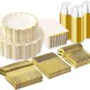 I00000 350 PCS Ivory and Gold Plastic Plates for 50 Guests, Premium Scalloped Disposable Dinnerware Set Include: 100 Disposable Plate, 50 Napkins, 50 Cups, 50 Silverware Set for Party & Wedding