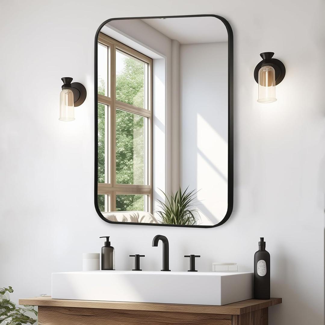 Matte Black Mirror, 16"x24" Rectangle Bathroom Mirror, Metal Frame Rectangle Corner Vanity Mirror, Wall Mounted Mirror for Modern, Living Room, Bedroom, Horizontal Or Vertical