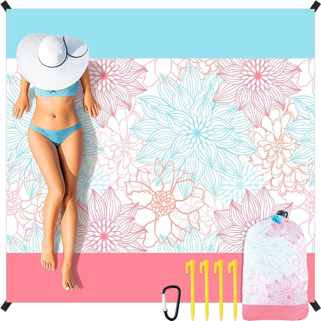 CRASHOT Beach Mat, Blanket Waterproof Sandproof, 79''x83'' Floral Extra Large Outdoor Portable Lightweight Picnic Blanket with 4 Stakes and Carabiner for Picnic Camping Hiking