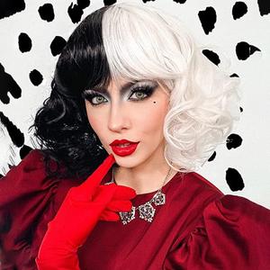 MIMAN Pixie Cut Curly Bob Wig 2-Tone Dyed Half Black Half White Synthetic Wig Short Curly Bob Wigs with Bangs Party Cosplay Halloween Costume Wigs For Women