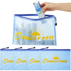 Set of 4 Sunscreen Bag Summer, Medium Size Blue Zippered Sunscreen Storage Pouch, 11.69 x 8.2 Inch Travel Portable Makeup Organizer for Summer Stuff Beach Sun Protection Essentials