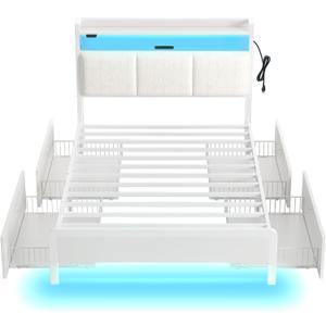 Rolanstar Bed Frame Twin Size with Charging Station and LED Lights, Upholstered Storage Headboard with Drawers, Heavy Duty Metal Slats, No Box Spring Needed, Noise Free, Easy Assembly, White