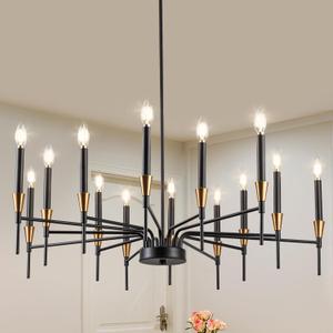 Black and Gold Farmhouse Chandelier 14 Light Large Candle Chandelier for Bedroom 31.5IN Black Chandeliers for Dining Room, Living Room, Foyer, Large Chandeliers for High Ceilings Height Adjustable