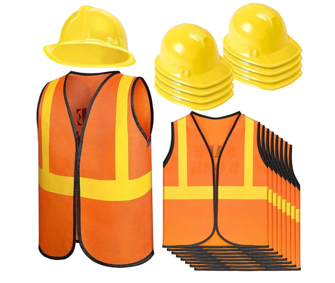 Geyoga 16 Pcs Construction Vest for Kids Party Favors Hard Hat Construction Dressing Up Supplies Construction Funny Worker Costume for Birthday Party, Including 8 Vests and 8 Construction Hats
