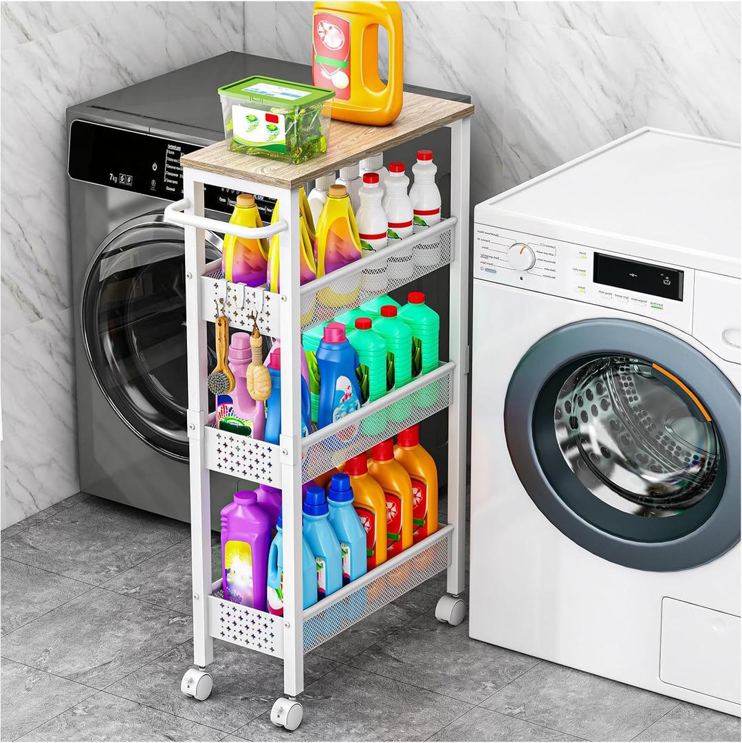 Utility Slim Storage Cart, 4 Tier Small Rolling Kitchen Laundry Room Cart with Wood Top, Metal Bathroom Storage Cabinet Mobile Shelf Unit Organizer Trolley with Handle for Narrow Space (7.1 inch wide, White)