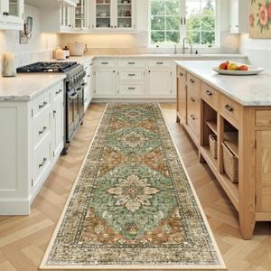 RELEANY Area Rugs Runner 3'x9' Washable Non-Slip, Floral Vintage Distress Medallion Carpet for Kitchen Hallway Bedroom Beside Laundry Room Bathroom, Terracotta Burnt Orange Green