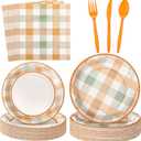 Yungyan 24 Set Thanksgiving Fall Plaid Paper Plates Napkins with Forks and Knives Party Supplies for Guests, Disposable Friendsgiving Turkey Autumn Dessert Dinnerware Buffalo Check Table Decorations