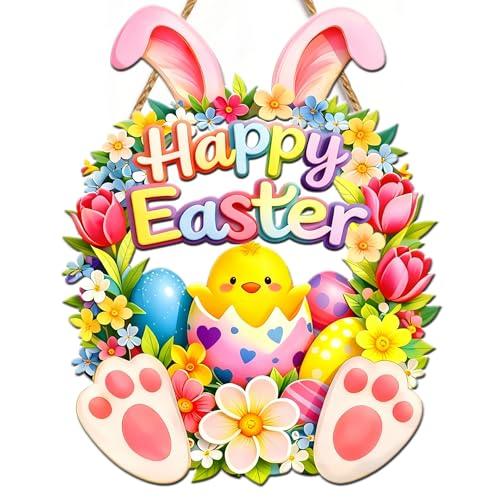Wooden Easter Decoration Door Wreath for Front Door Sign Wall Signs Rabbit Spring Decoration,Wooden Hollow Rabbit Door Sign 14.6 Inch Flower Egg Welcome Hanging for Home Window Wall Decor Party