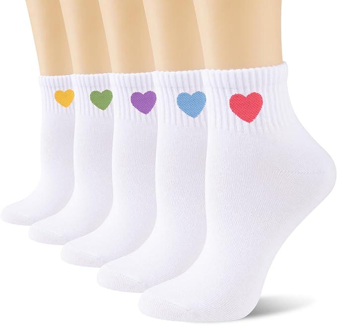 eallco Womens Cute Ankle Socks Cotton Crew Quarter Above Ankle High Socks Heart Design 5 Pairs