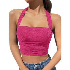 OYOANGLE Women's Glitter Sparkly Sleeveless Tie Backless Ruched Crop Halter Tops Party Clubwear (Medium, Hot Pink)