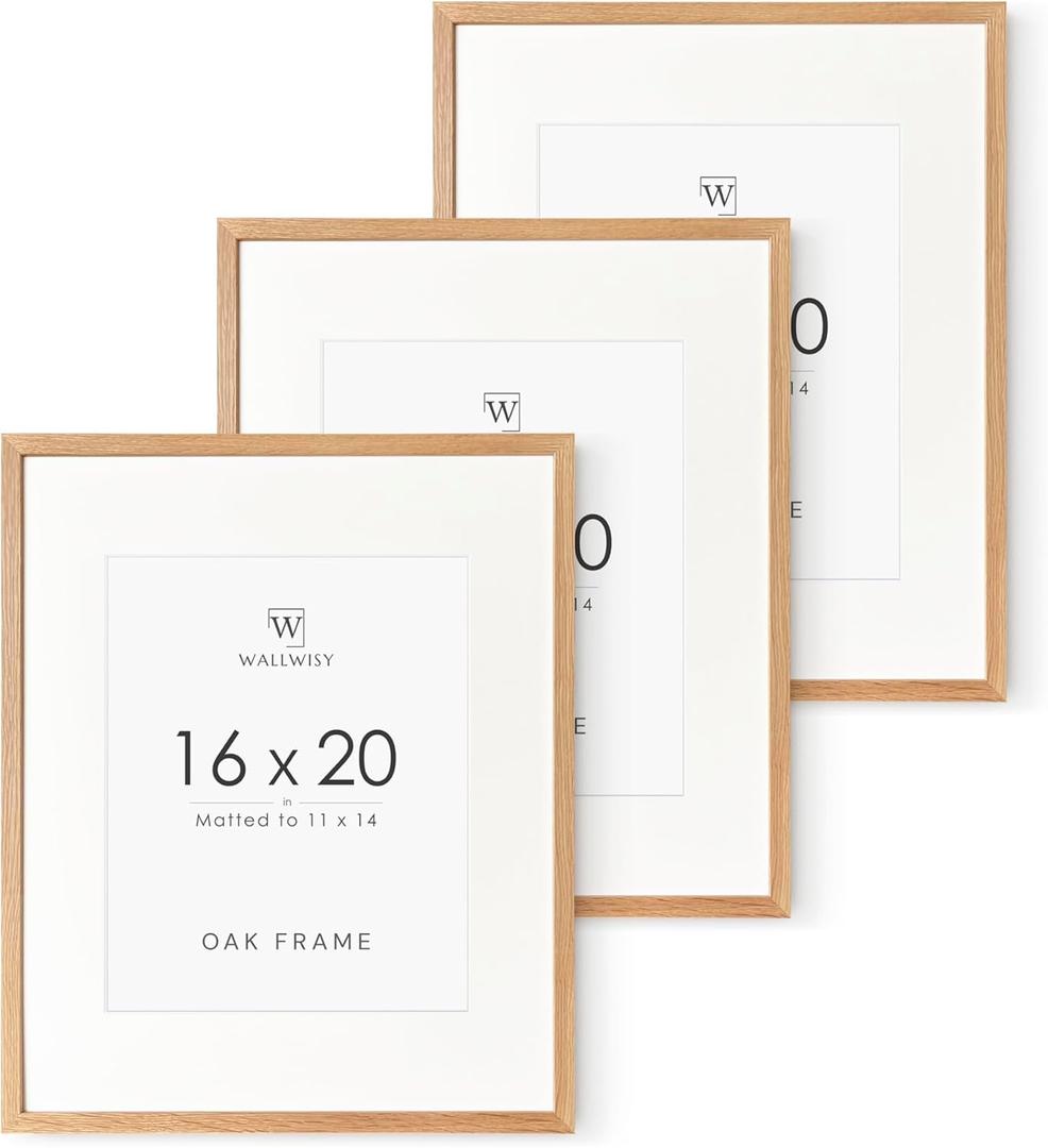 16x20 Picture Frame, 20x16 Solid Oak Picture Frame with Mat, 16x20 Natural Wood Frame for Wall Art Photo, Set of 3