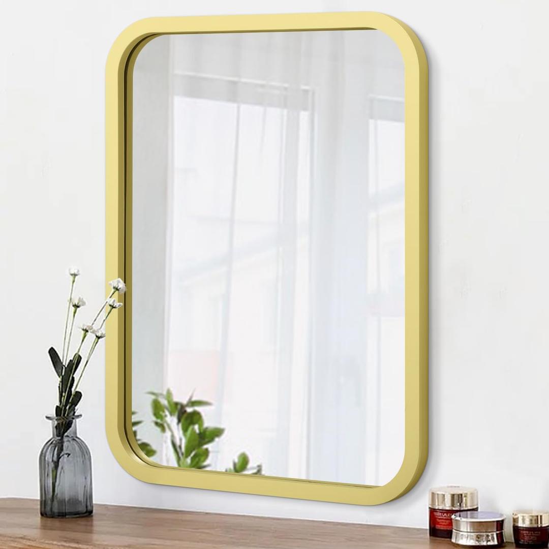 AOAOPQ Hanging Leaning Horizontal Vertical Mirror Matte Yellow Frame Wall Mirror Modern Round Corner Bathroom Vanity Mirror for Bedroom, Living Room (26"L x 18"W)