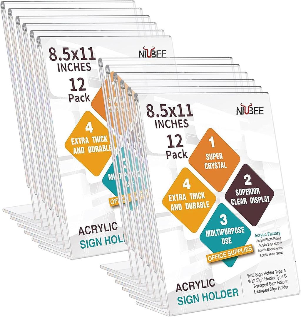 NIUBEE 12Pack Slanted Back Acrylic Sign Holder 8.5x11, Clear Vertical Picture Frames Frames, Desktop Flyer Holder Document Holder Paper Display Stand