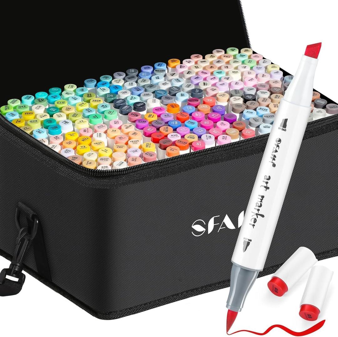 SFAIH Alcohol Markers Brush & Chisel - 216 Colors Double Tipped Art Markers for Adult Coloring Illustration, Gifts for Artist Adult - Adjustable Shoulder Strap & Faux Leather Lining & Outer Zip Pocket