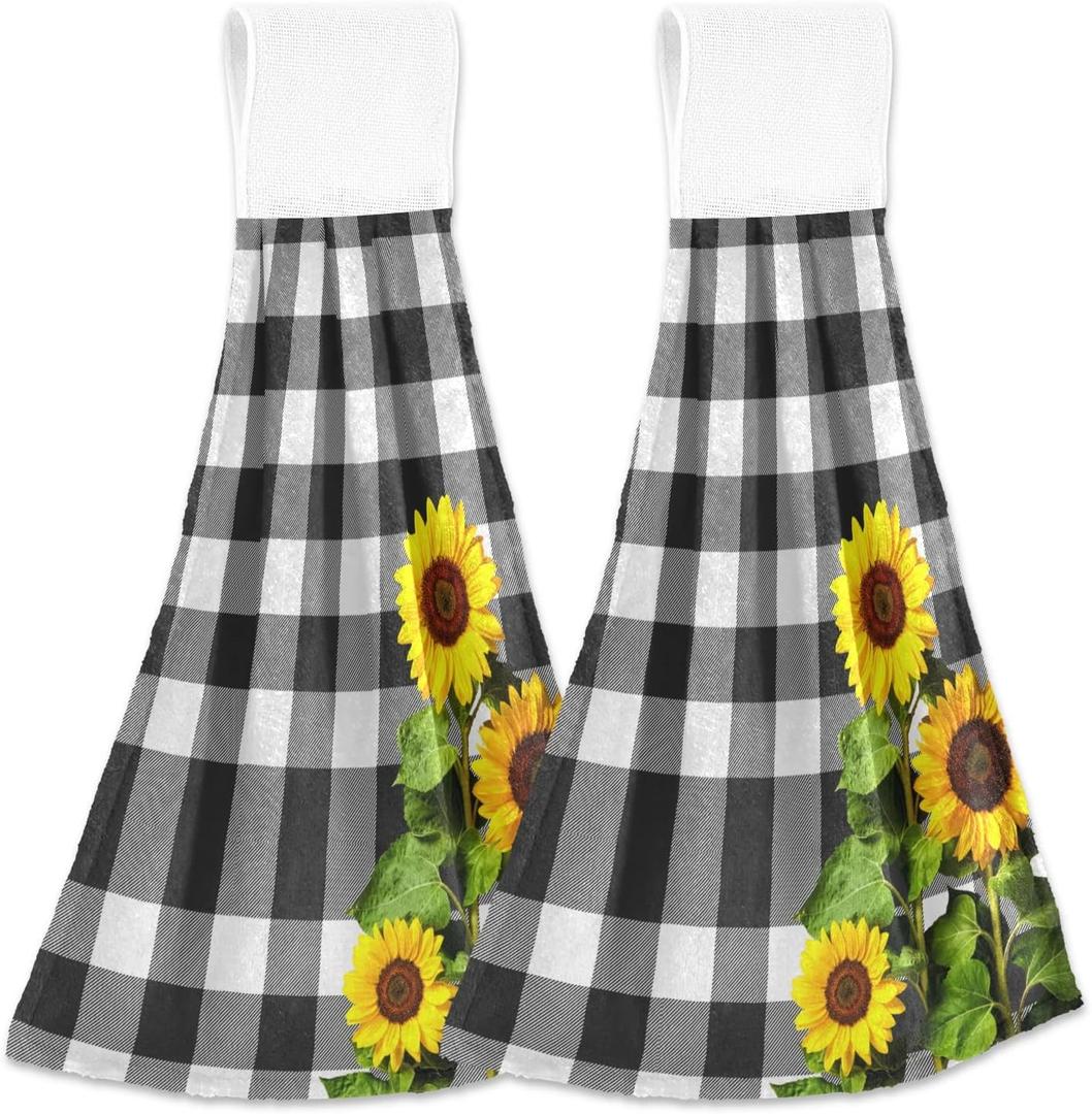 ALAZA Sunflowers Hanging Kitchen Towel 2 Pcs Hand Towel Black White Buffalo Check Plaid Tie Towels Set Absorbent Dish Cloths Bar Tea Towels for Bathroom Laundry Room Decor (A01)