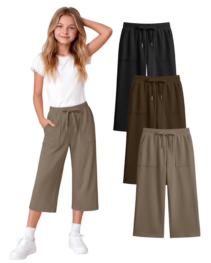 Langyiwee 3 Pack Girls' Capri School Pants, 3-Color, 7-8 Years