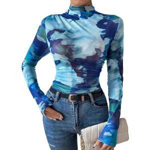 Milumia Women's Tie Dye Mesh Ruched Long Sleeve T-Shirts Mock Neck Fitted Tee Tops (Medium, Blue)