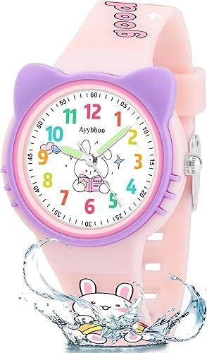 Ayybboo Cat Kids Analog Watch for Girls Boys Toddler, Learning Time and Easy to Read, 30M Waterproof Children Quartz Wristwatches, Cute Telling Time Hand Watch with Cartoon Soft Strap Age 512