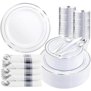 350Piece Silver Plastic Dinnerware Set for 50 Guests - Silver Plastic Plates with Cutlery Include:50Dinner Plates-50Dessert Plates-50Pre Rolled Napkins with Silverware (White and Silver - Modern)