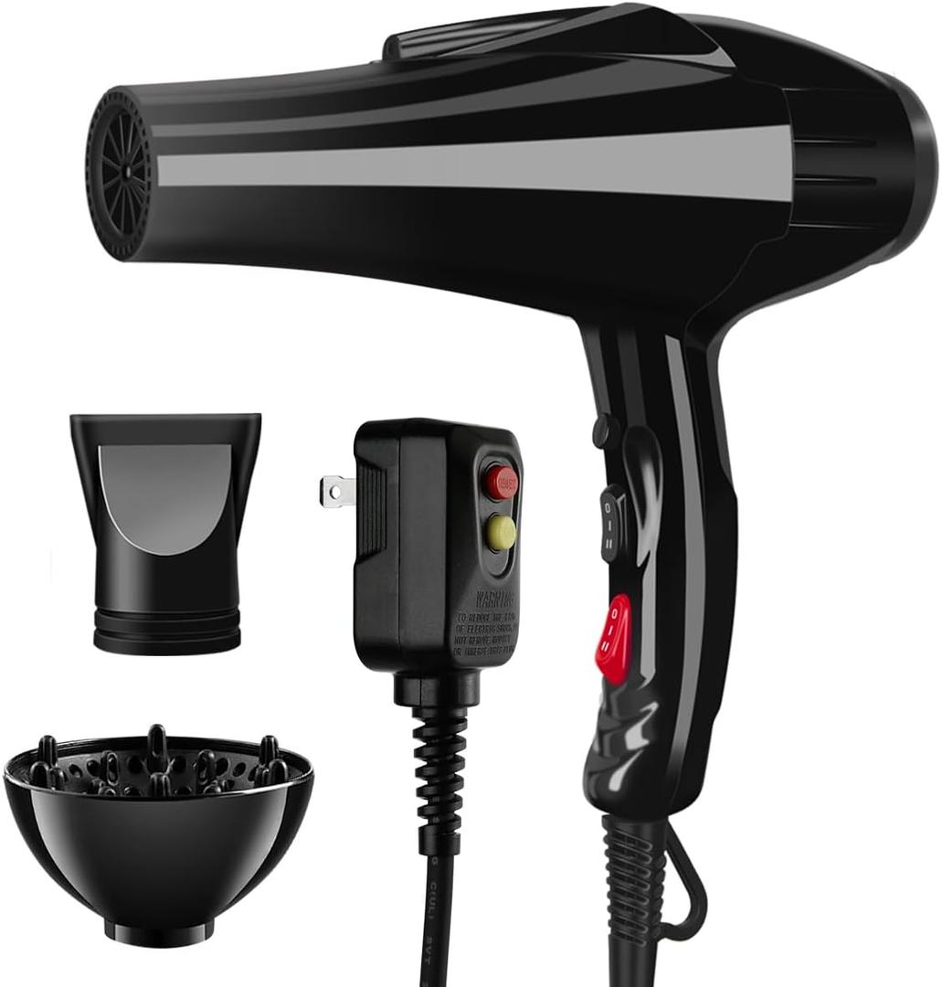Hair Dryer, 3500 Watt Professional Salon Ionic Blow Dryer with AC Motor, 3 Heat Settings, 2 Speeds, Cool Shot Button, Tourmaline Ceramic, Concentrator & Diffuser Attachments, Black,110V