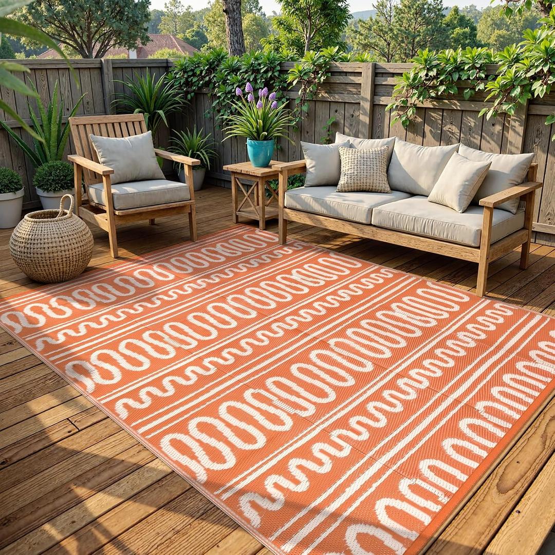 Beeiva Outdoor Rug 8x10, Outdoor Rug Waterproof Reversible, Portable Plastic Outdoor Patio Rug for Deck, Balcony, Backyard, Porch, Camping, Picnic - Orange