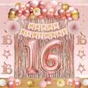 Kuxriox 60Pcs 16th Birthday Decorations Kit for Girls Women, Pink Rose Gold Happy 16th Birthday Banner, Happy Sixteen Bday Foil Fringe Curtains Balloon Arch Hanging Swirl Party Supplies