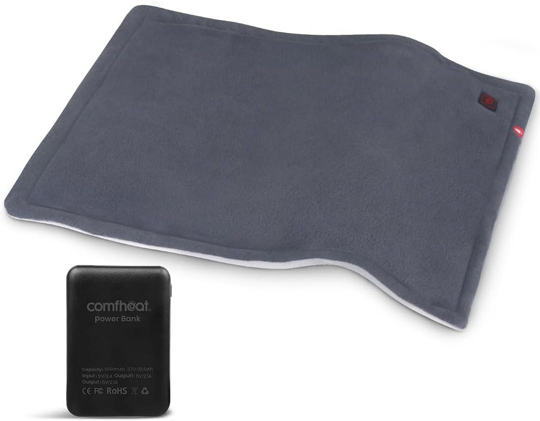 Portable Heating Pad with Battery, 1.7LB Weighted Heat Pad Rechargeable for Travel, 3 Heat Settings, Pain Relief for Abdomen, Back, Shoulder, 12" x 16", Grey