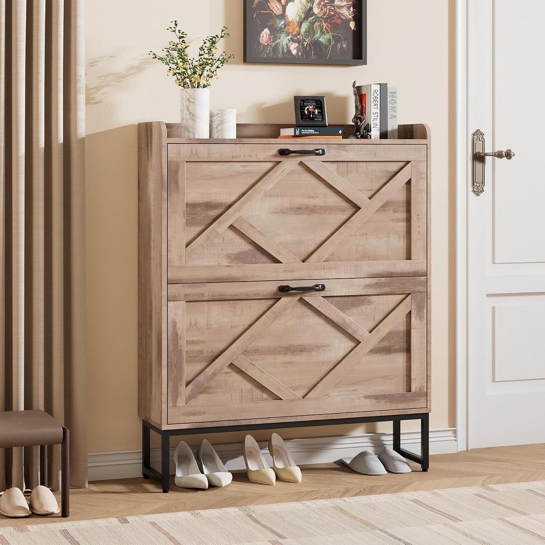 Nicetree Shoe Cabinet with 2 Flip Drawers Freestanding Shoe Storage Cabinet, Narrow Shoe Organizer Cabinet, Farmhouse Slim Shoe Rack Cabinet for Entryway, Toasted Oak