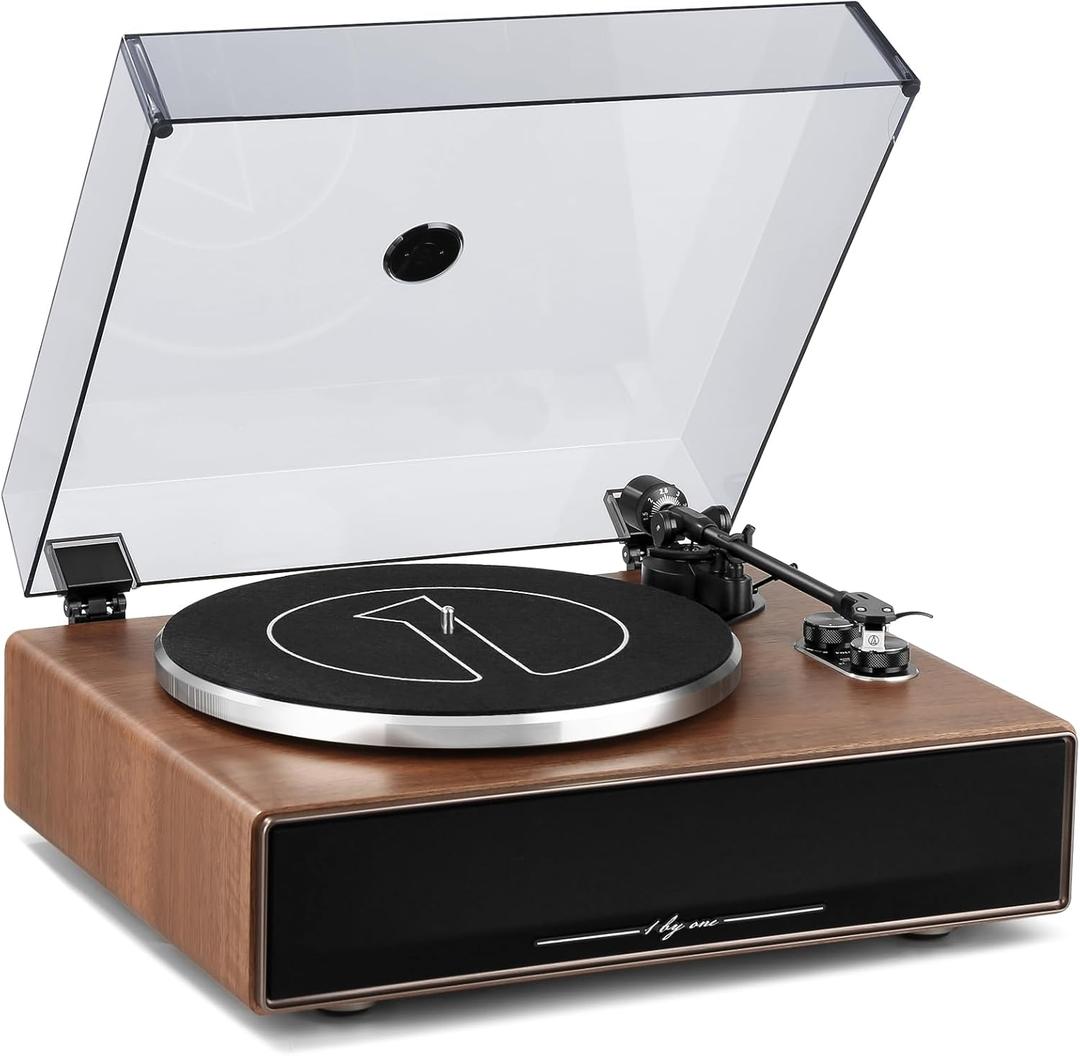 1 by ONE Vinyl Record Player with Bluetooth Input, All-in-One Turntable with Built-in Speakers, Phono Preamp, AT-3600L Cartridge, Belt Drive 33/45 RPM (Brown)