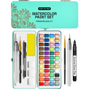 ARTISTRO Watercolor Paint Set, Vivid Colors in Portable Box, Palette set, Including Metallic and Fluorescent Colors. Perfect Travel Watercolor Set for Artists, Amateur Hobbyists and Painting