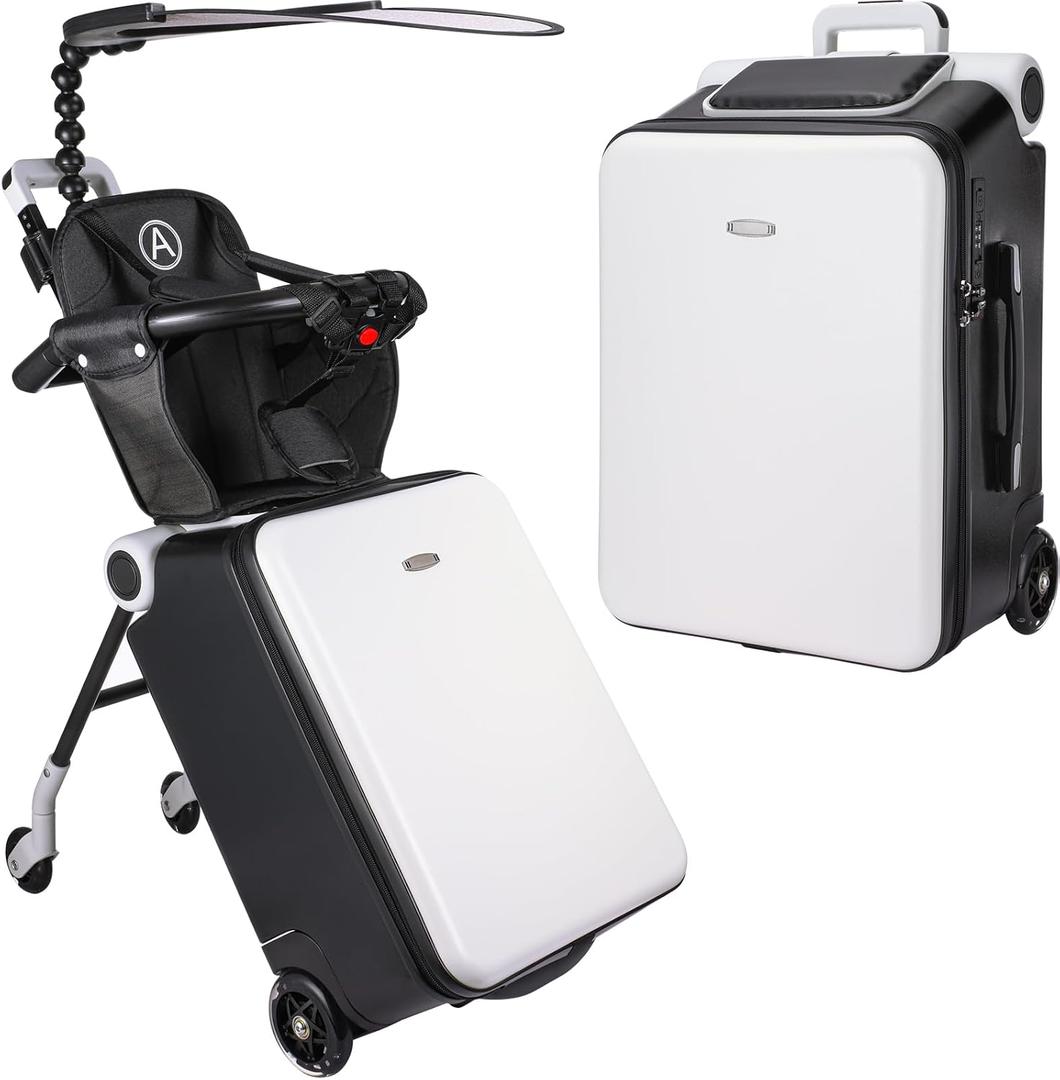 Carry on Luggage with Seat for Kids Expandable Ride on Suitcase with Spinner Wheels and Locks for Travel (White)