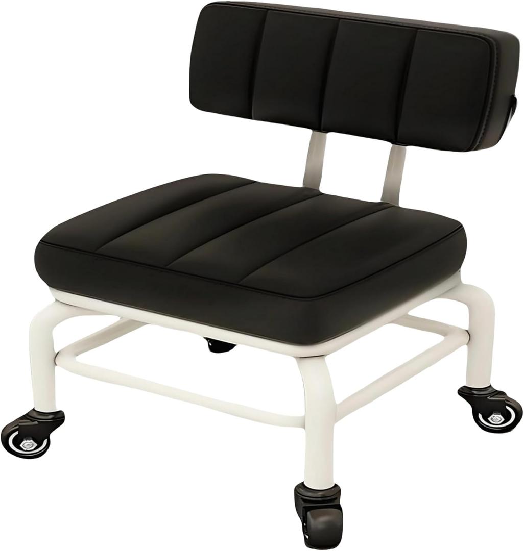 Low Rolling Stool with Back Support Roller Seats, Roller Chair PU Leather Low Stool with Wheels Foot Step Chair for Home,Shop,Office,Garage,Mechanic,Auto Repair,Library,Manicure, Medium - 4 Universal Wheels