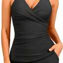 Women Tankini Swimsuits with Shorts - Two Piece Tummy Control Bathing Suits Top with Two Pockets Bottom Swimwear (Medium, Black)