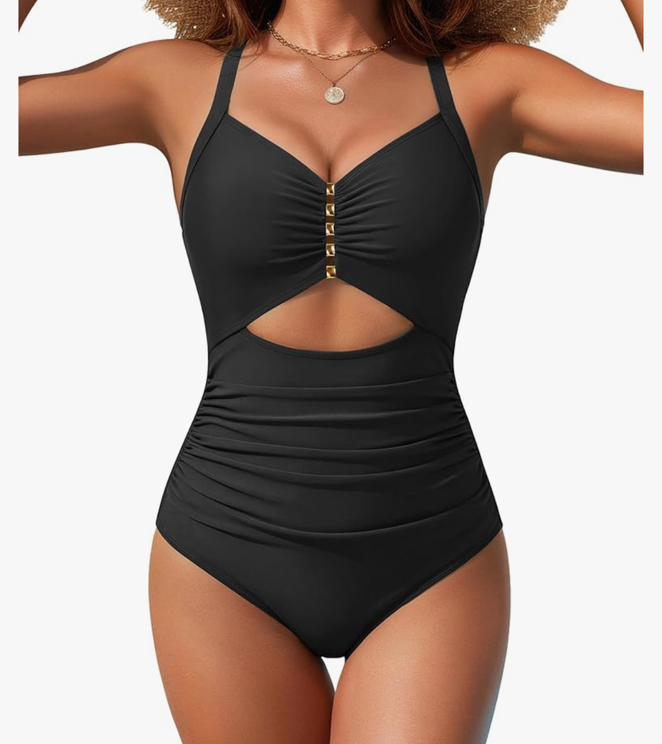 Blooming Jelly Womens One Piece Metal Cut Out Swimsuit Tummy Control Ruched Bathing Suit Full Coverage Slimming Swimwear 2026 large