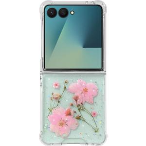 Abbery for Samsung Galaxy Z Flip 7 Case Cute Clear Dry Real Flower Design Glitter Sparkly Protective Shockproof Aesthetic Women Girly Bling Stars Cherry Blossoms Pink Floral Case for Galaxy Z Flip 7