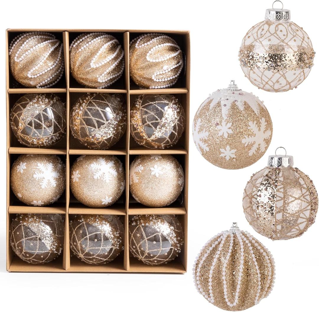 12 PCS Christmas Ornaments Set, 3.15-Inch Glitter Christmas Hanging Balls, Decorative Hanging Ornament Decorations, Xmas Shatterproof Plastic Balls for Holiday Party Wreath Garlands Trees, Beige (Champagne)
