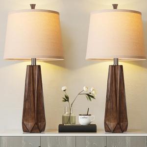 WIHTU 3 Color Temperature Table Lamps Set of 2, Beside Lamp with Linen Shade, 27'' Wood Grain Color Modern Table Lamp for Living Room, Resin Desk Lamp for Nightstands Bedroom Decor (2 Bulbs Included)